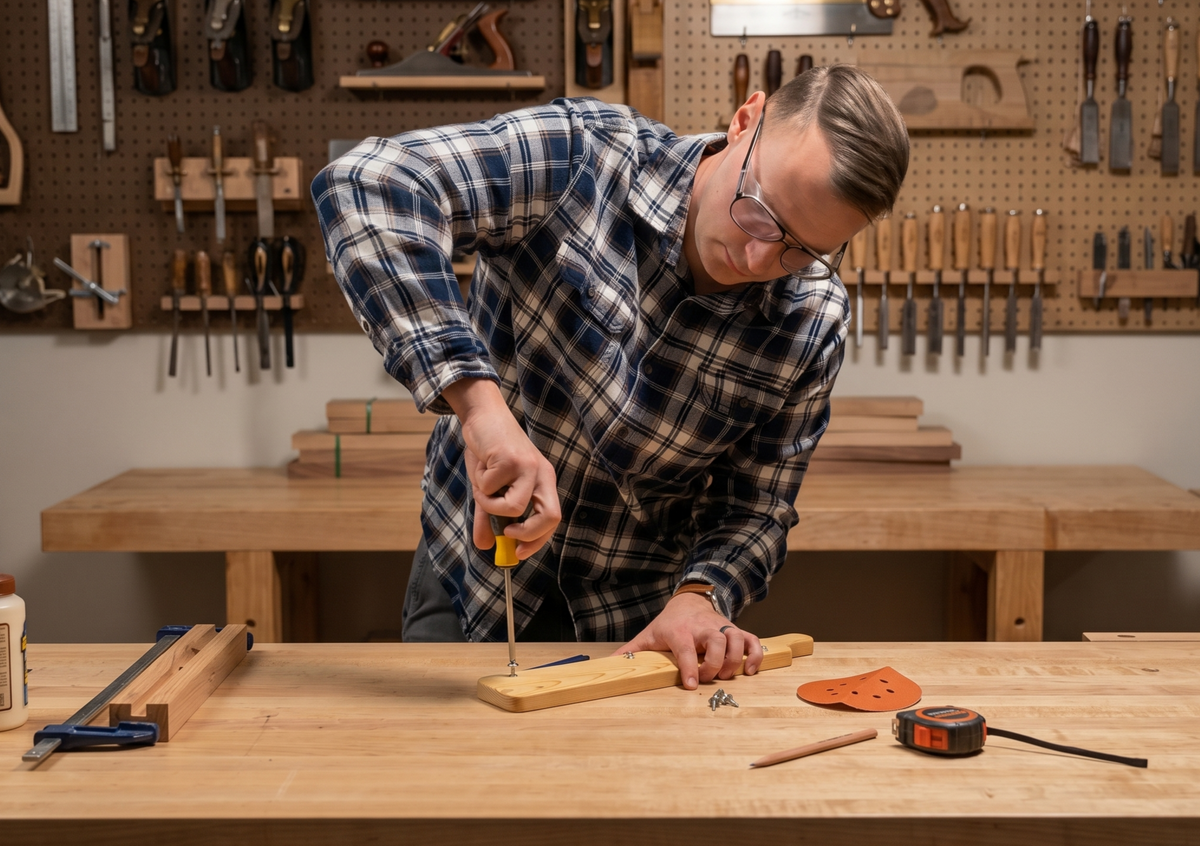 Woodworker using a screw driver to assemble snap fittings on an unfinished bagel board.