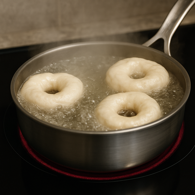 Three bagels floating in a boiling pot of water on the stovetop.