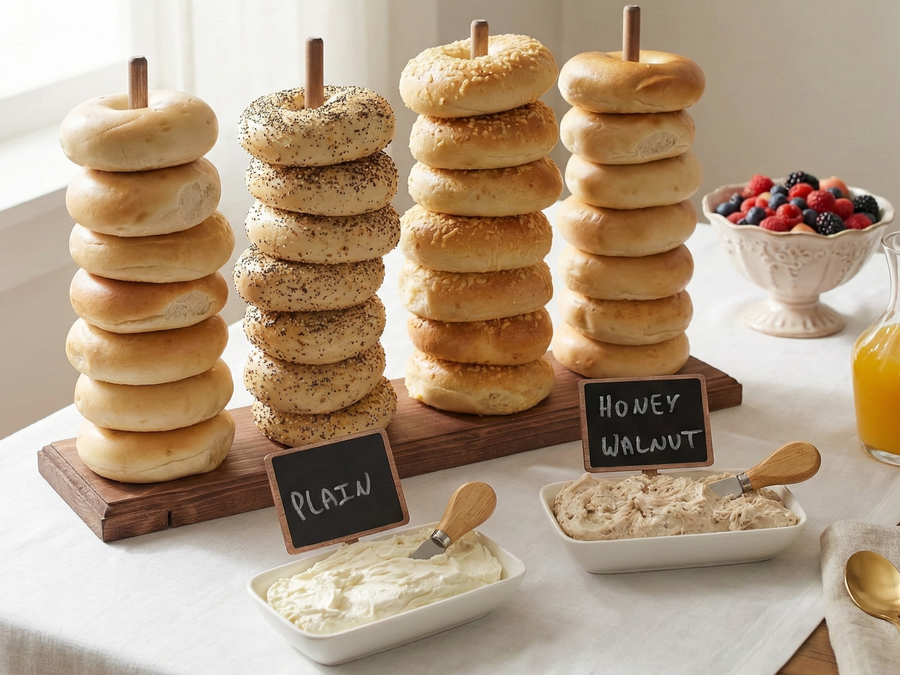 A 4-rod bagel stand on a brunch table with fruits and juices.