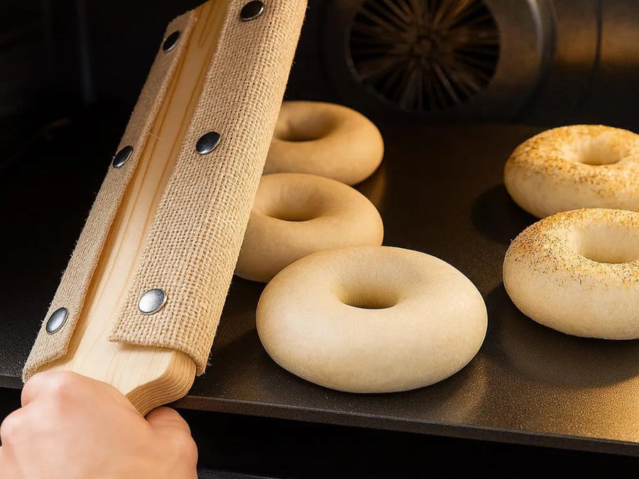 A baker flipping golden-brown bagels off a cedar board onto a hot baking stone.