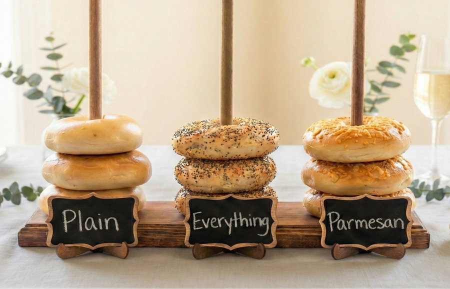 A 4-rod walnut-stained pine bagel stand fully loaded with bagels, with three schmear trays in front, set on a styled wedding reception table.