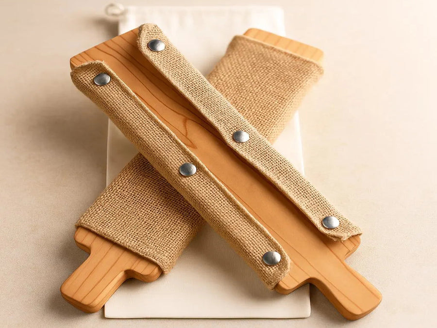 Two bagel boards crossed over a cotton bag, exposing the snap-on cover features.