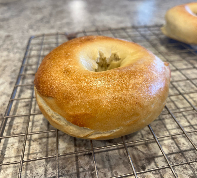 Close-up of a glossy bagel crust with small blisters.