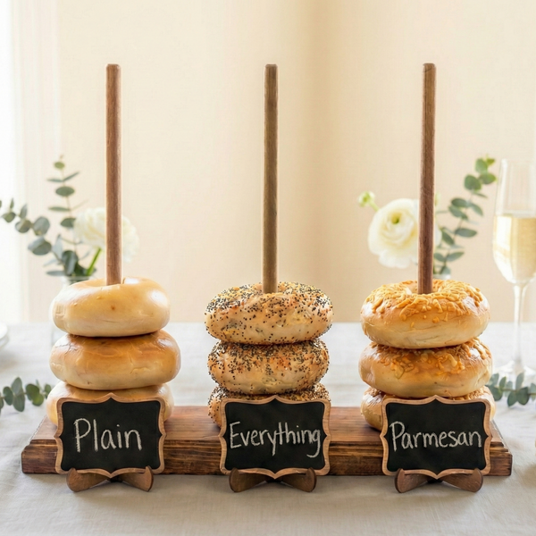 A 4-rod walnut-stained pine bagel stand displaying bagels with chalkboard labels reading the bagel types.