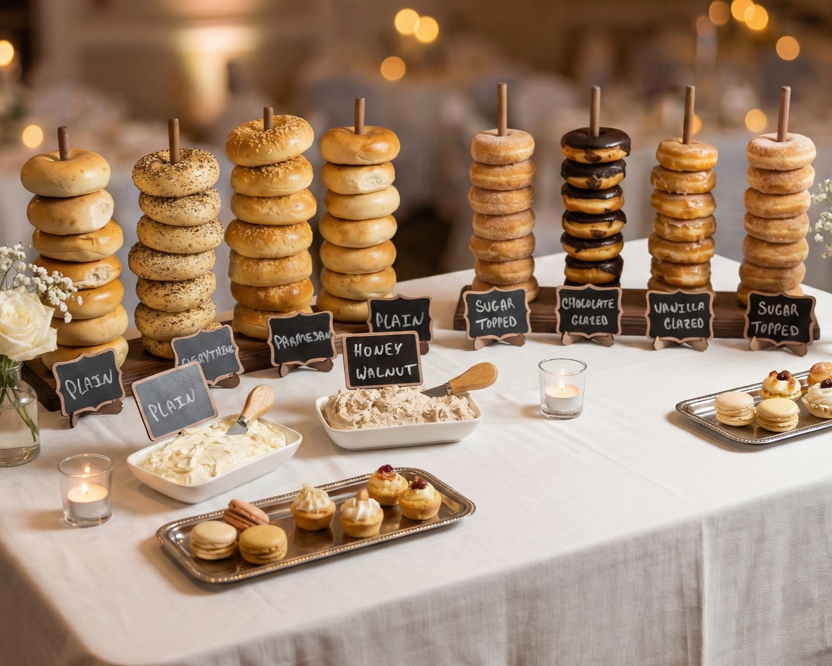 A wedding reception table with a stand full of different flavored donuts next to a stand full of bagels with schmear trays in front.