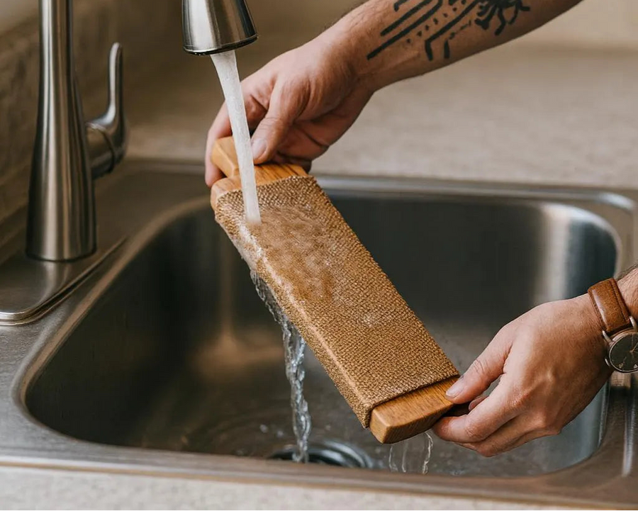 Hand holding a cedar bagel board under a running kitchen faucet to soak the wood before baking.