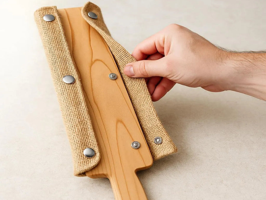A hand partially removing the burlap cover off of a bagel board to show clean wood surface underneath.