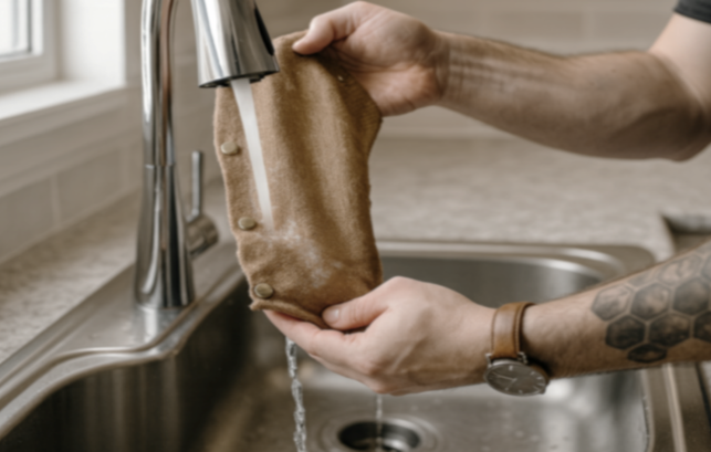 Hands washing a detached burlap bagel board cover under a running kitchen sink faucet.